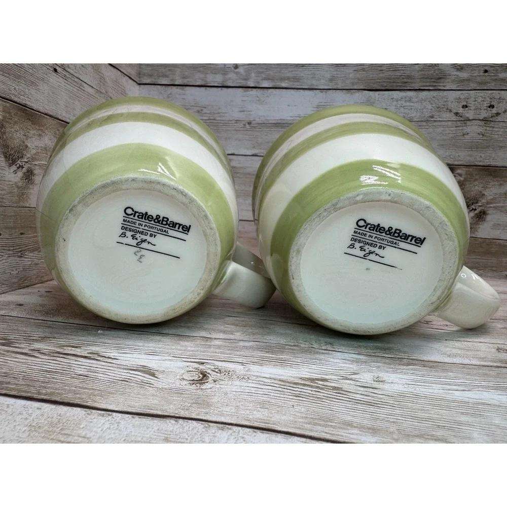 Crate & Barrel White Stripe Sage Green Mugs Set of 2 Barbara Eigen VTG Portugal